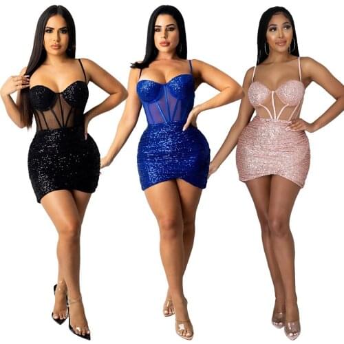 Sexy Sheer Mesh Patchwork Sequins Mini Dress Women Spaghetti Straps Backless Bodycon Christmas Birthday Party Club Wear 2021