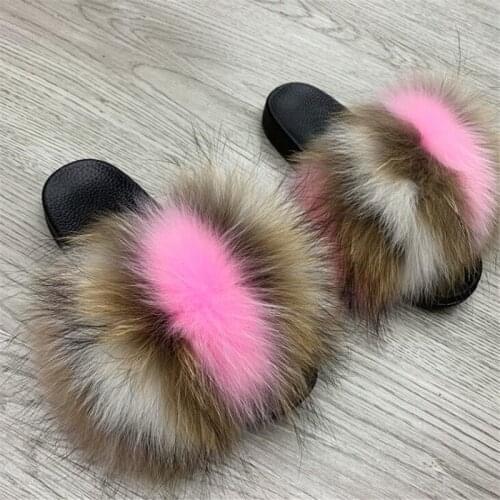 Summer Womens Fox Fur Slides Fashion Luxury Fluffy Fur Slippers Ladies Furry Fur Flip Flops Girls Plush Sandals Home Shoes New