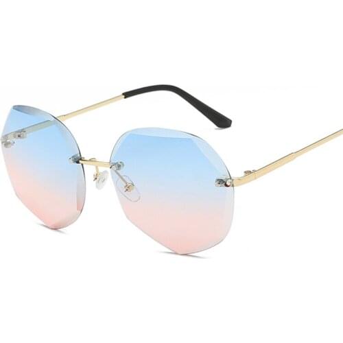 Fashion Rimless Sunglasses Women Big Frame Polygon Sun Glasses Female Summer Traveling Style Blue Pink Shades For Ladies