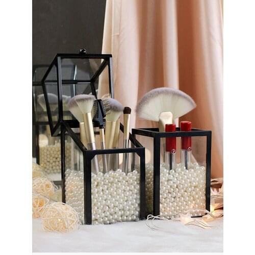 Glass Clear Makeup Brush Holder with Lid Vanity Countertop Makeup Organizer Waterproof Dustproof Cosmetic Brush Storage Box