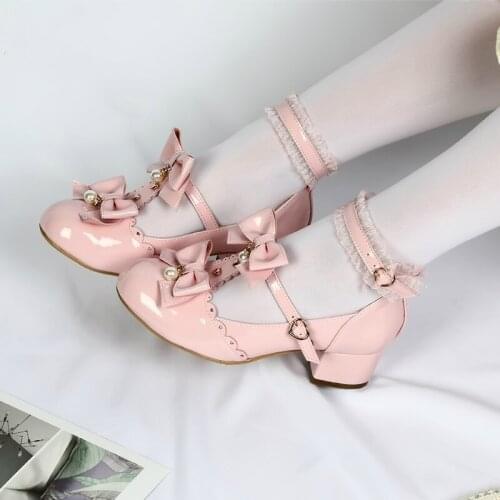 Sweet Girls Lolita Princess Lace Bowknot Shoes Cute Bow Round Head Platform Mid Heel 4.5cm College Women Shoes Girl Kawaii Shoes