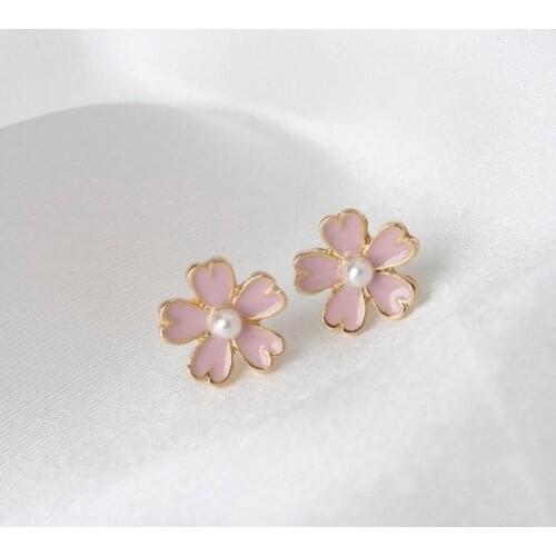 Japanese Fresh Literary Earrings Pink Flower Imitation Pearl Earrings Simple Trend All-match Earrings Female Jewelry Accessories