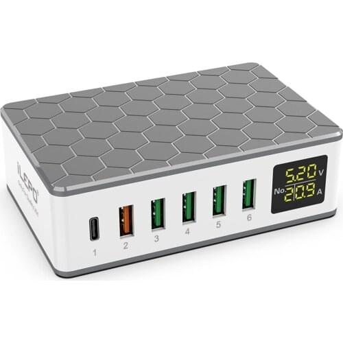 ILEPO 65W 6 Ports Smart Digital Charger usb c Fast Charging PD Charger for iPhone 12 X Xs 8 Xiaomi HUAWEI Quick Charge QC3.0