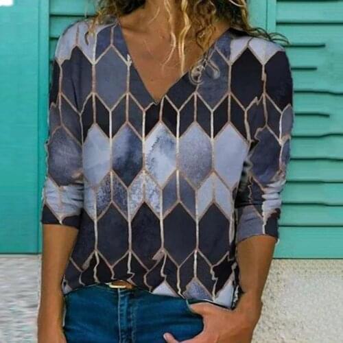 3D Geometry Print Women Blouse Long Sleeve Thin V Neck Loose Tee Top Streetwear