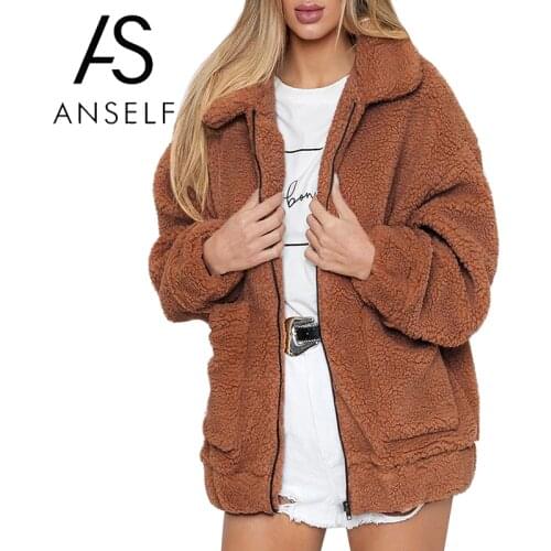 Anself Women Faux Fur Jacket Fluffy Teddy Bear Fleece Fake Fur Coat Zip Pocket Long Sleeve Casual Streetwear Manteau Femme