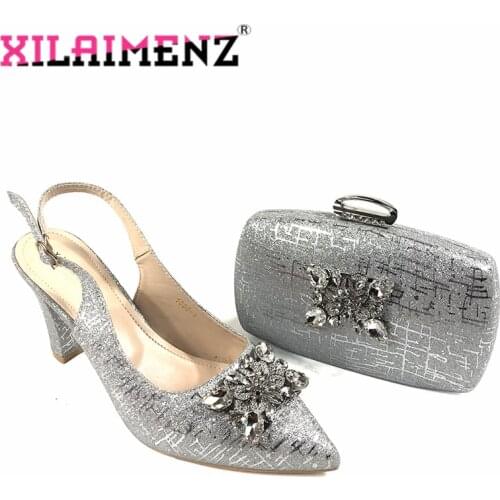 Christmas Party Italian Lady Shoes Matching Bag in Silver Color Special Design Comfortable Heels African Women Shoes and Bag Set