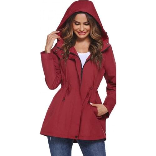 Ele-choices S-2XL Women Autumn Winter Solid Color Waist Tight Windbreaker Zip Hooded Coat Jacket