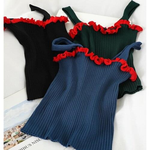 OUMEA Women Ribbed Crop Tops Lettuce Contrast Ruffle Trim Neckline Strappy Tank Tops Sweet Cute Korean Style Tanks For Women