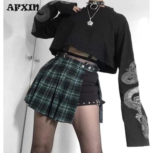 Oversized Cropped Sweatshirt Women Autumn Long Sleeve Dragon Print Black Hooodie Street Loose Strap Punk Rock Jumper Top Femme