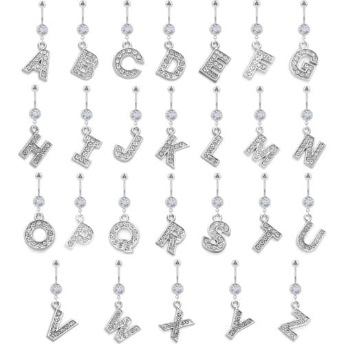 26 Letter Crystal Navel Ring Barbell Drop Dangle Body Piercing Surgical Nombril Ombligo Belly Button Rings Women Body Jewelry