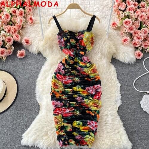 ALPHALMODA 2021 Summer Floral Printed Pleated Mesh Tank Dress Body-con Above Knee Slim Fit Ladies Trendy Evening Party Dress