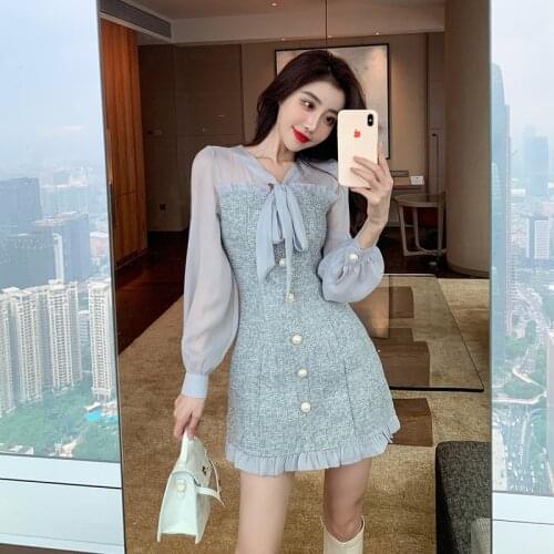 Temperament Autumn Fashion Slim Bow Long Sleeve Single-breasted Tweed Dress Women Mini Patchwork Elegant Sexy Vestido Korean