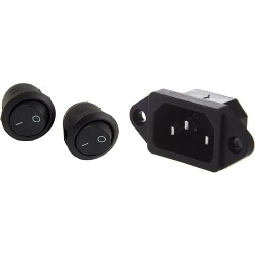 2Pcs On/Off 2 Terminal Spst Black Round Rocker Switch & 1Pcs Iec 320 C14 Male Plug 3 Pins Pcb Panel Power Inlet Socket Connector