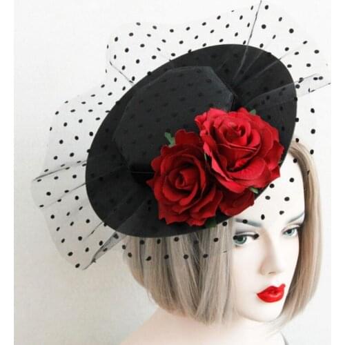 Black Party Hats with Red Handmade Flowers Vintage Girls Prom Dancing Party Headwear Black Dot Tulle Party Favor T204