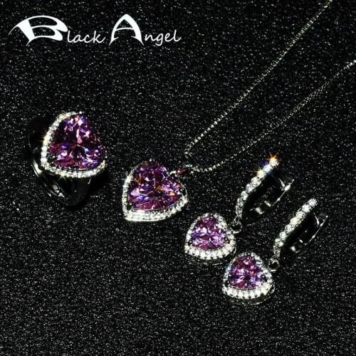 BLACK ANGEL New Elegant Pink Crystal Gemstone Romantic Heart Necklace Clip Earrings Resizable Ring Wedding Jewelry Set For Women