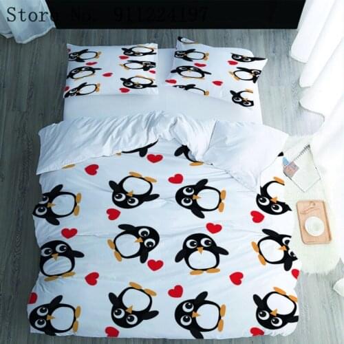 Cute Penguin Printing Bedding Sets Heart Duvet Cover Luxury Bed sheet Queen King Single Double Bed Linen Set For Girls Boys