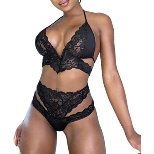2Pcs Women Lingerie Set Lace Crochet Sheer V-Neck Bra High Waist Hollow-Out Panty Suit for Girlfriend Wife Black