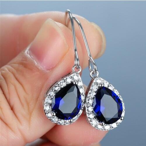Cute Female Blue Water Drop Earrings Classic Silver Color Dangle Earrings For Women Rainbow Zircon Stone Wedding Earrings