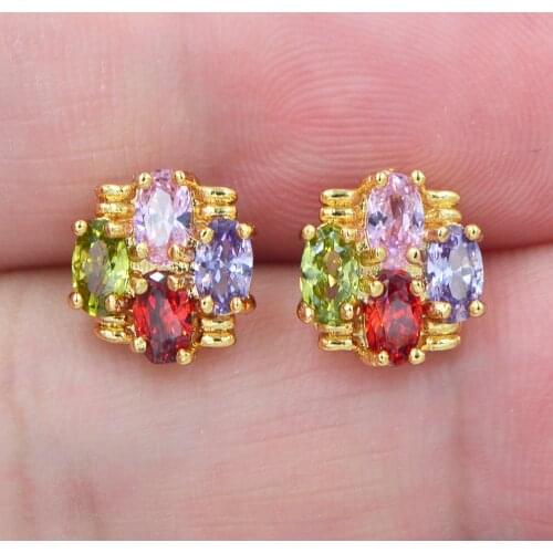 Fashion Jewelry Gold Color Multicolor Zircon Colorful Sweet Candy CZ Cushion Stud Earrings for Women