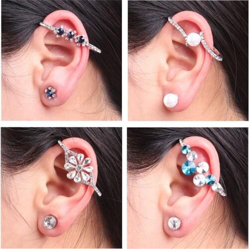 New Fashion Elegant Punk Crystal Rhinestone Flower Ear Cuff Clip Earrings Cartilage Ear Jewelry Women Lady Accessories