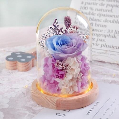 New valentines day lovely teddy bear everlasting flower rose in glass dome with lamp handicraft ornaments mom Mothers Day gift