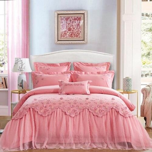 Romantic Red Pink Wedding Duvet cover Bed Multi Layers Ruffles Lace embroidery Duvet cover soft breathable bed sheet pillowcases