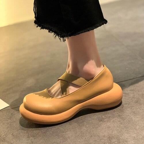Spring Autumn Women Platform Mary Janes Shoes Cross-tied Elastic Band Lolita Shoes Slip on Thick Sole Leather Casual Shoes 9224G