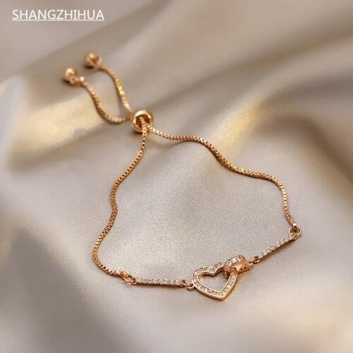 SHANGZHIHUA 2021 Luxuriou Heart Womens Bracelets Korean Fashion Jewelry Goth Unusual Wrist Accessories For Wedding Party Girls