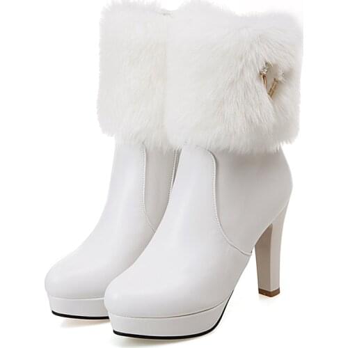 Bling High Heels Rabbit Fur Boots Women Plush Warm Platform Shoes Elegant Crystal Lady Wedding Party High-heeled Ankle Boots