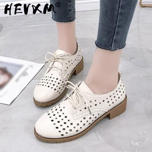 Women Pumps Hollow Out Lace Up Low Heels Shoes Female Casual Solid Breathable Handmade Leather Shoes for Women Spring Ladies