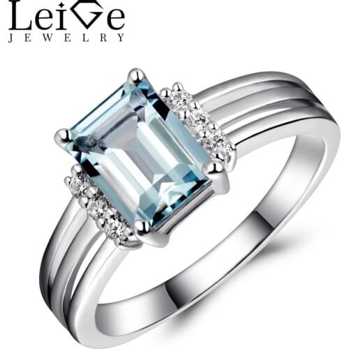Leige Jewelry Rings Aquamarine Sterling Silver 925 Natural Blue Gemstone Emerald Cut Love Wedding Anniversary Rings for Women