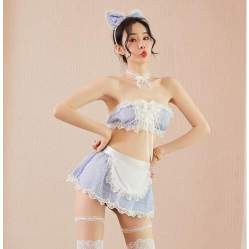 Sexy Lingerie Exotic French Apron Maid Dress Lovely Servant Cosplay Costume Lolita Roleplay Kawaii Nightdress Blue Plaid Uniform