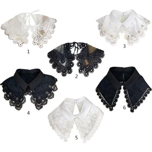 Women Solid Color Decorative Fake Collar Shawl Hollow Out Floral Lace Trim Lapel Half Shirt Necklace Detachable Poncho