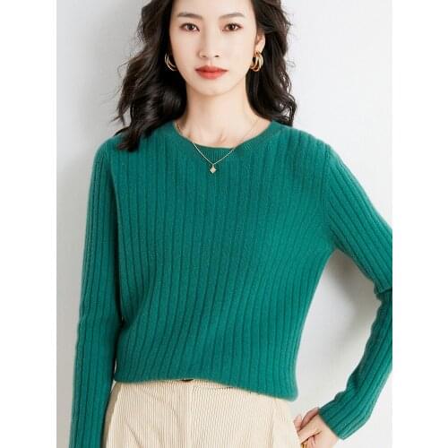 Autumn and Winter Wool Womens Round Neck Pullover Sweater Korean Loose Pit Strip Long-Sleeved Base Coat 62111