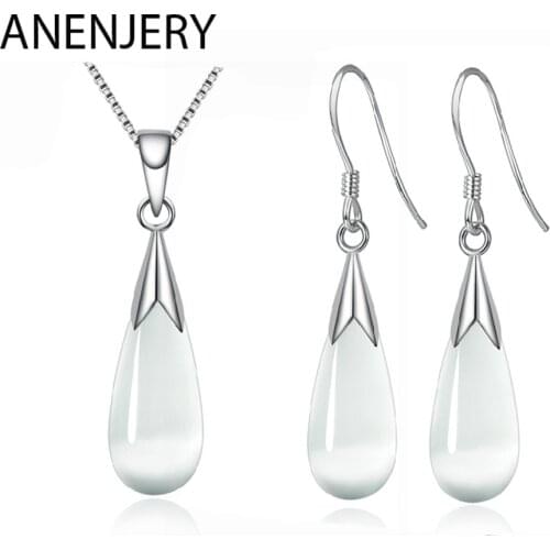 ANENJERY 925 Sterling Silver Jewelry Sets Moonstone Opal Water Drop Necklace+Earrings For Women Girl Gift