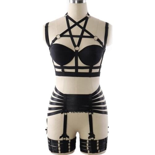 BODY HARNESS Sexy Elastic Bondage Garter Belt Halloween Pentagram Bralette Black Body Harness Set Adjust Women Lingerie