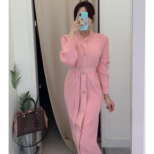 OL Chic Korea Autumn O Neck Single Breasted Slim Long Pink Knitted Dress with Belt Women White Black Fashion Sweaters
