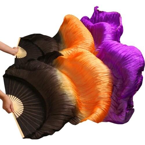 100% Silk Belly Dance Fans 1 Pair Handmade Dyed High Quality Silk Belly Dance Performance Props Fans Black+Orange+Purple 5 Sizes