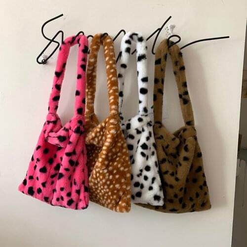 2021 Women Leopard Print Open Pocket Shoulder Bags Winter Warm Soft Plush Bucket Bags Female Large Capacity Furry Shopping Bag