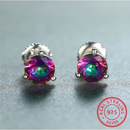 6/7/8mm Rainbow Stone Earrings Female Luxury Real 925 Sterling Silver Vintage Earrings For Women Small Screw Back Stud Earrings