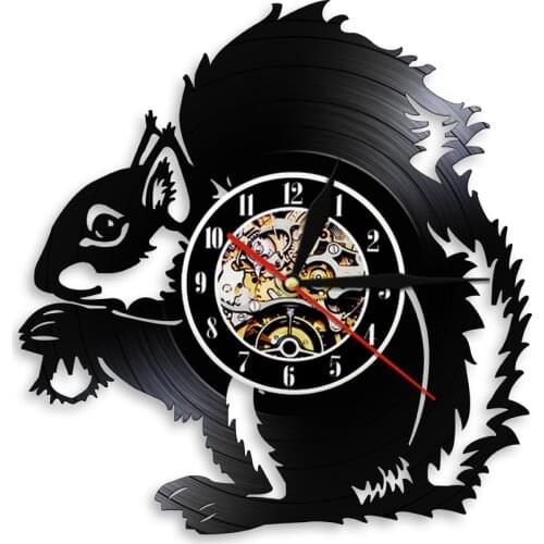 Squirrel Holding An Acorn Vinyl Record Wall Clock Modern Design Forest Animal Kid Room Home Decor Hanging Watch Time Clock