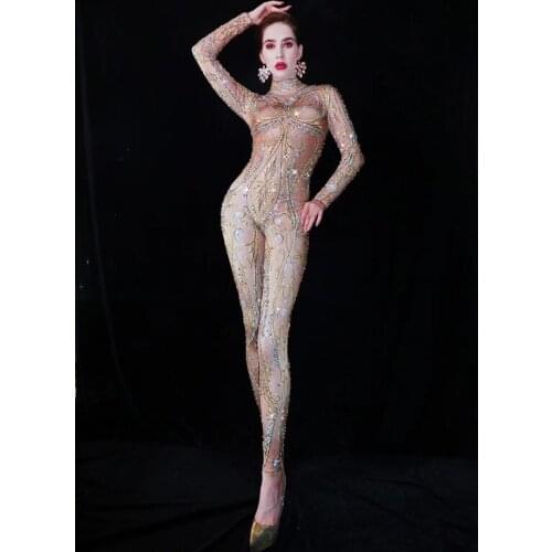 Sparkly Rhinestone Jumpsuit Women Evening Party Sexy Stones Stretch Bodysuit Pole Dance Costumes Singer Stage Skinny Rompers