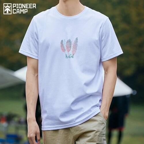 Pioneer Camp Casual T-shirt Men 100% Cotton Feather Print O-neck White Khaki Streetwear Mens Top Tees ATK01105209H