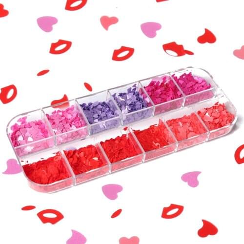 12 Grid Boxed Love Red Lip Sequins Mixed Color Pearl Sequins 3MM Spring Valentines Day Crooked Love Nail Jewelry Nail Sequins