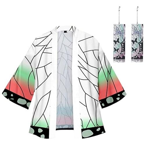 Anime Demon Slayer Kimono Cardigan Robe Kochou Shinobu Cospaly Costume Print Casual Coat with Earrings