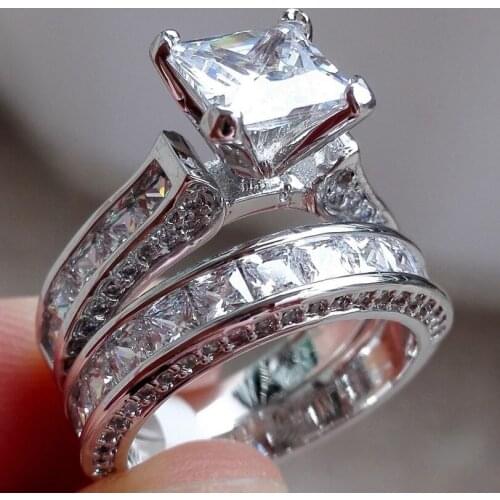 Bride Set Silver Plated Filled Princess Cut 5 * 5mmcz Zircon Womens Wedding Ring 2 In 1 Engagement Ring Fashion Jewelry