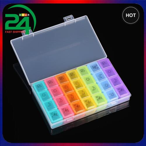 Pillbox Storage Box for Pills Portable Weekly Prescription and Medication Case Pill Container Organizer 28 Slots Plastic Box