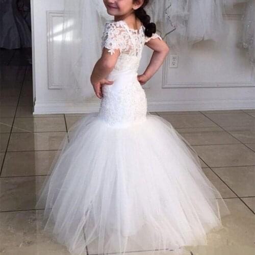 Beautiful Junior Girls White Mermaid Half Sleeves Lace Wedding Birthday Party Dresses Big Kid Flower Dresses Gowns 2021