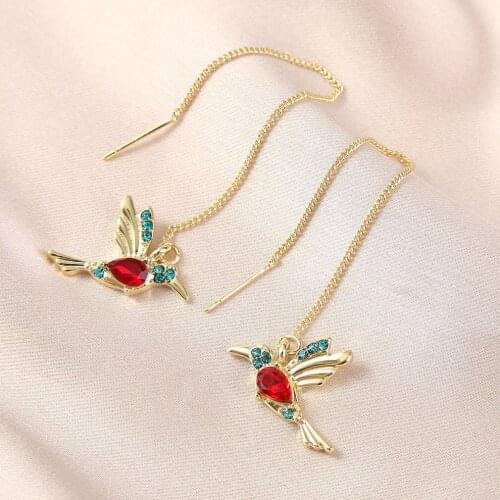 Fashionable Wing Spreading Zircon Hummingbird Long Pendant Earchain Lady Jewelry 1 Pair Unique Bird Long Drop Tassel Earrings