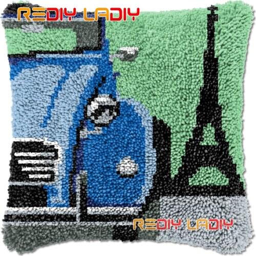 Latch Hook Cushion Paris Taxi DIY Needlepoint Kits Chunky Acrylic Yarn Arts Crocheting Lofty Pillow Case Hobby & Crafts